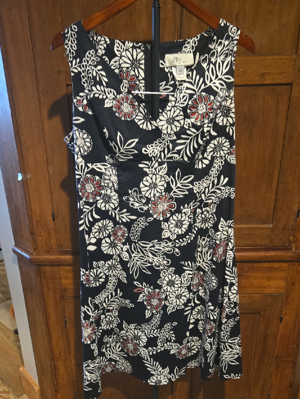 Sleeveless Black Floral Midi Dress with White & Red Accents by RBY